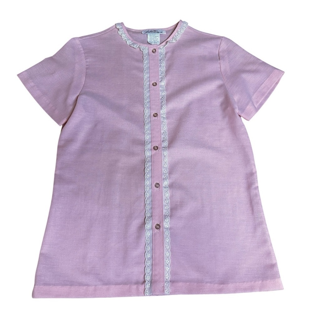Vintage 70s Lucky Winner Blouse Womens Medium Pink White Scalloped Ruffle